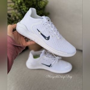 Nike Free RN 2018 White Sneakers Customized with Crystal Rhinestones